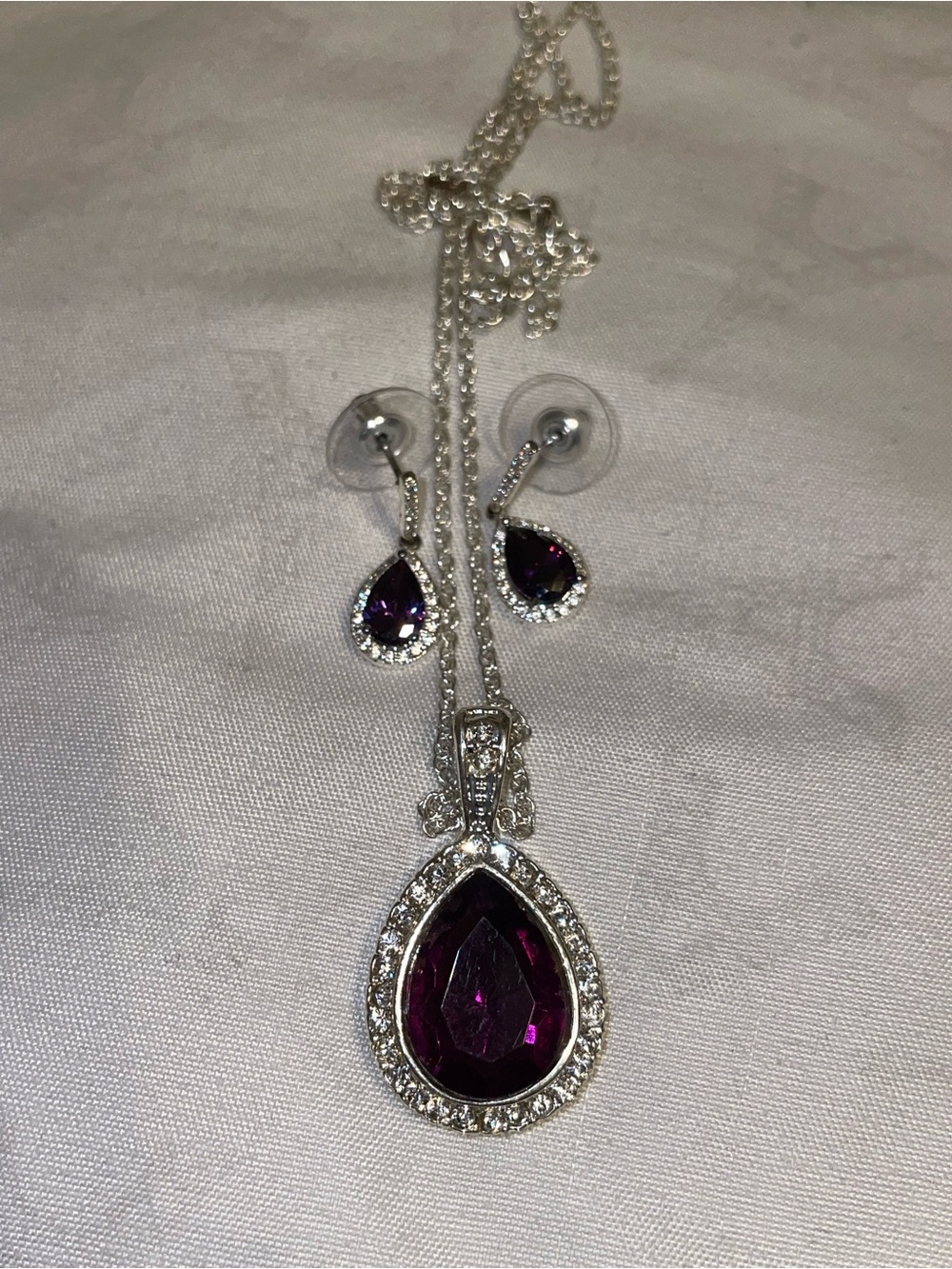 Purple Teardrop Pendant Necklace and Earrings Set - Silver Tone